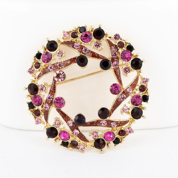 Vintage Napier Brooch Signed Gold Tone Circle Wreath Bright Deep Red Baby Pink - Picture 1 of 7